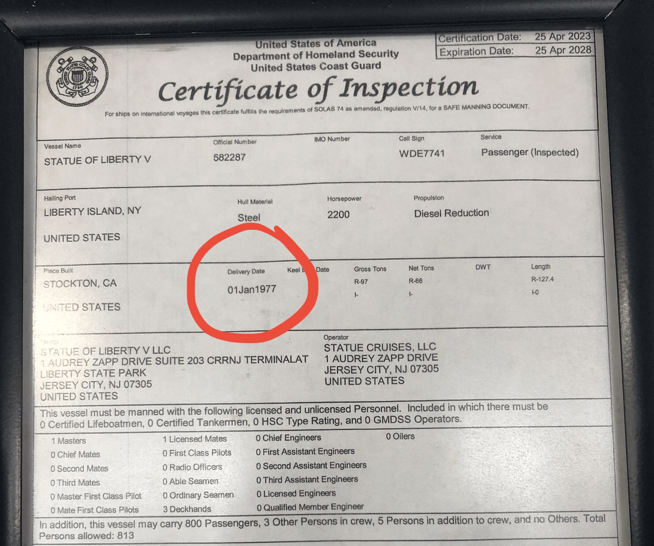 Certificate of inspection