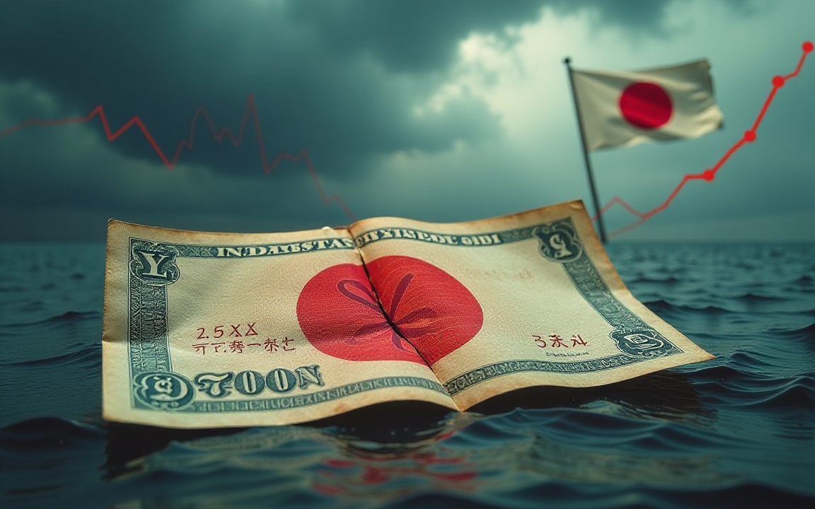 A sinking Japanese yen bond floating in turbulent waters with a stormy sky and rising red yield lines.