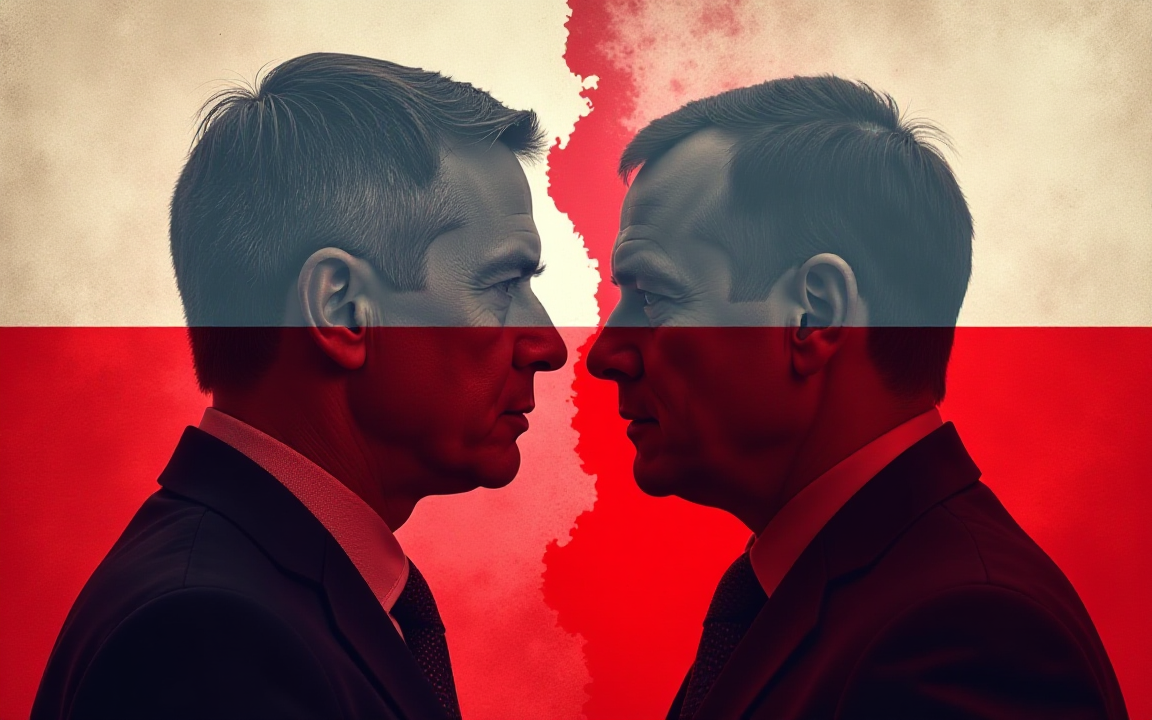 Two men facing off with the Polish flag overlay, symbolizing the divided 2025 Poland elections.